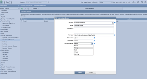 Configuration interface for adding an information source in SPACE security platform. Fields: Source, Name, Description, Address, Username, Password, Update Interval.