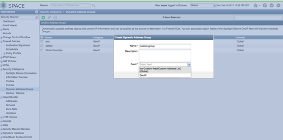 User interface for creating a dynamic address group in a security app with fields for name and description. Dropdown menu labeled Feed with options like Custom-Feed and GeoIP. Background shows a list of existing dynamic address groups with columns for name, category, and domain.