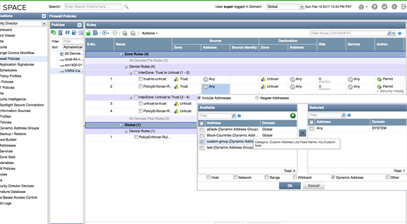 Network security management interface for configuring firewall policies with options for zones, sources, destinations, and services.