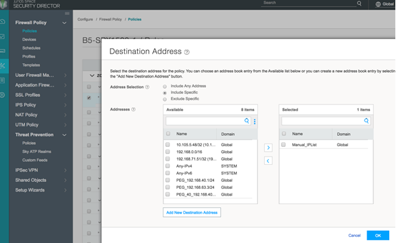 Configuration interface for Juniper Networks Security Director firewall policy, showing destination address selection options and predefined address list.