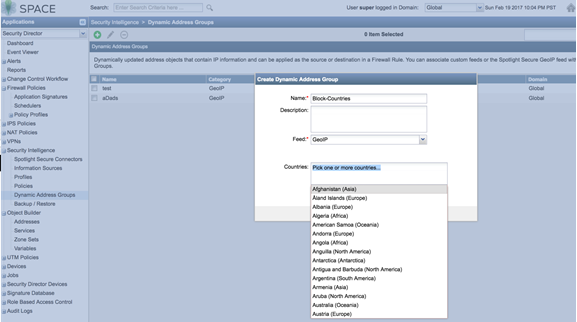 Screenshot of Junos Space Security Director interface creating Dynamic Address Group named Block-Countries using GeoIP data to manage country-specific traffic.