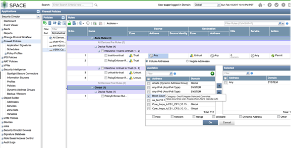 Firewall management interface displaying sections for configuring policies with options for source, destination, and services.