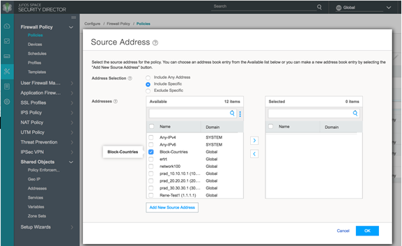 Firewall policy configuration interface for Juniper Networks' Security Director showing Source Address setup options.