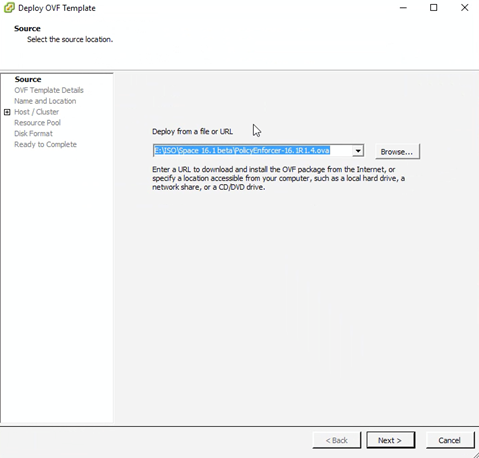 Deploy OVF Template wizard in VMware vSphere, user selecting source location for OVF template with file path provided, steps listed on left.