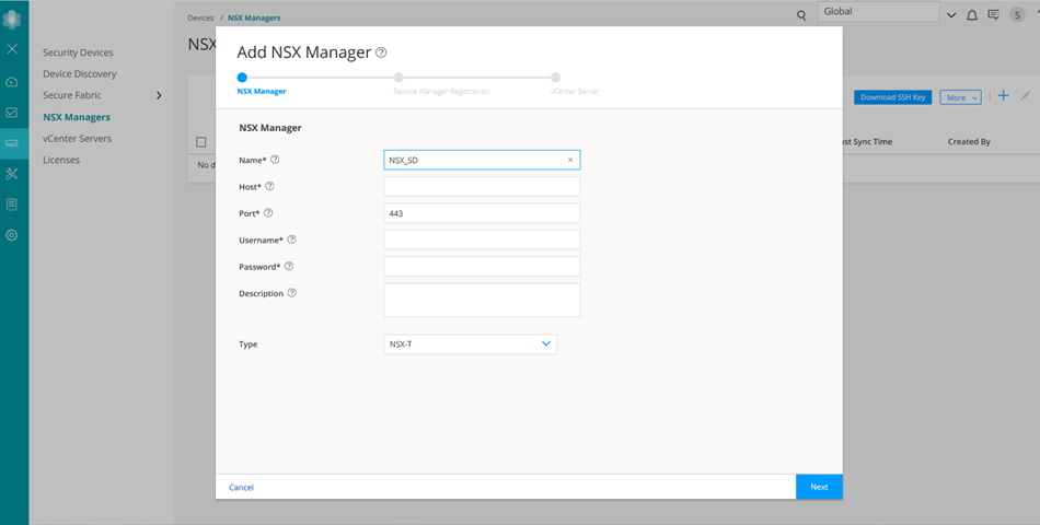 Configuration interface for adding NSX Manager with fields for Name, Host, Port, Username, Password, Description, Type, and options to cancel or proceed.