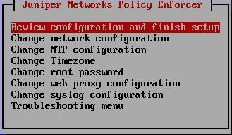 Configuration menu for Juniper Networks Policy Enforcer with "Review configuration and finish setup" highlighted.