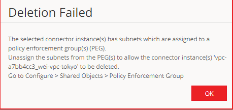 Error message: Deletion Failed. Connector instance vpc-a7bb4cc3_wei-vpc-tokyo cannot be deleted due to assigned subnets in a Policy Enforcement Group. Unassign subnets from PEG via Configure > Shared Objects > Policy Enforcement Group. Red OK button at bottom.