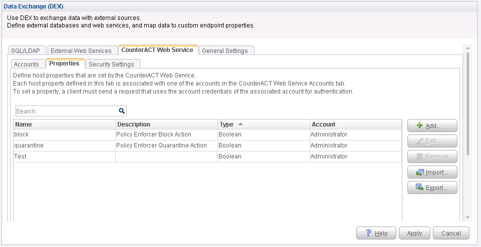 Data Exchange interface showing CounterACT Web Service properties with block and quarantine actions, plus options to manage properties.
