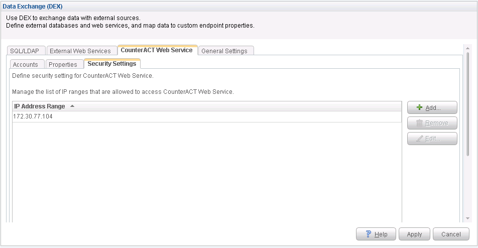 Data Exchange configuration interface under CounterACT Web Service tab showing security settings for allowed IP address range 172.30.77.104 with Add, Remove, and Edit buttons.
