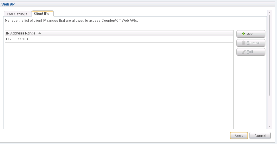 Web API settings panel displaying client IP range 172.30.77.104 with options to add, remove, edit, apply, or cancel changes.