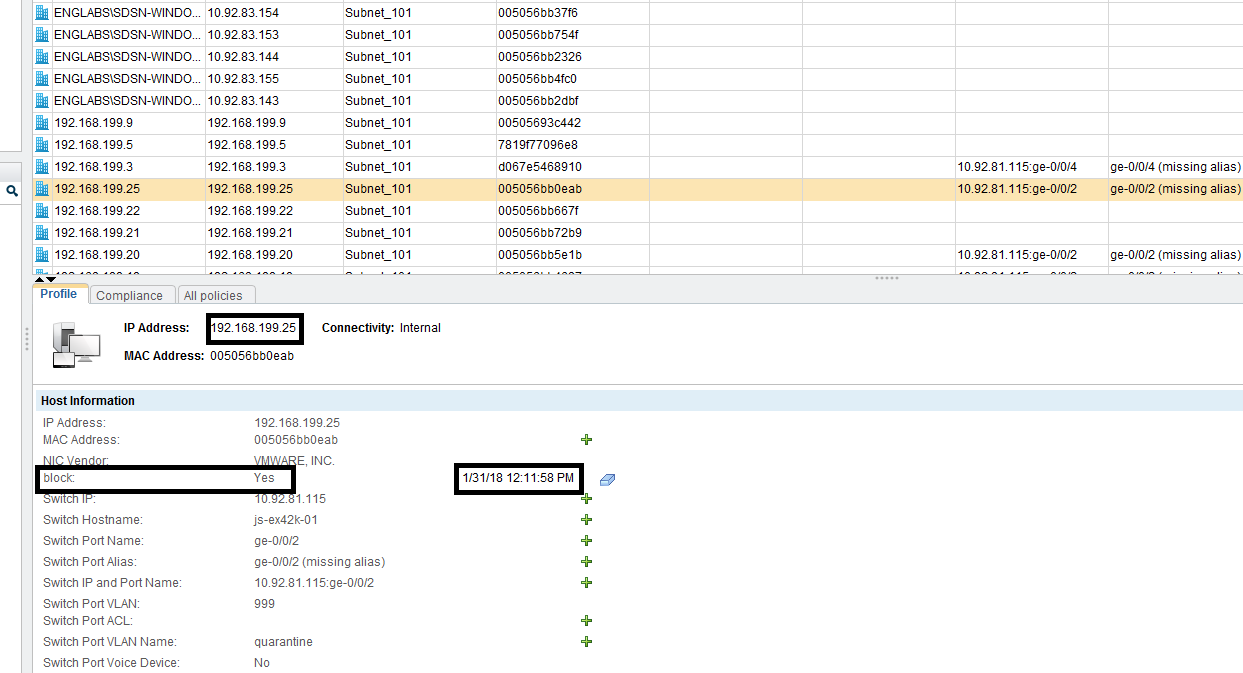 Network management screenshot showing device IP 192.168.199.25 blocked and isolated in VLAN quarantine for security.