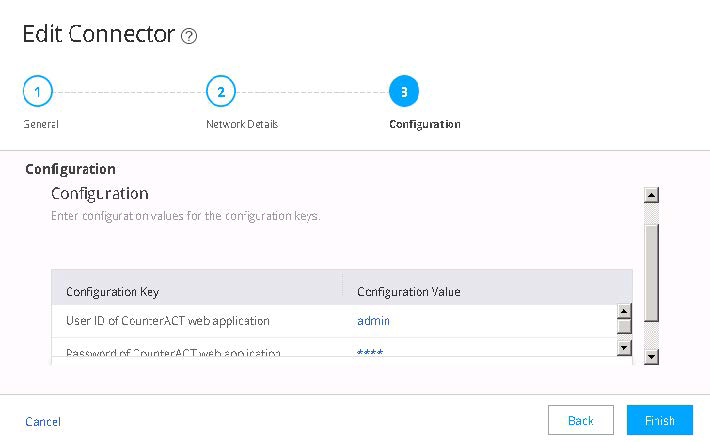 Configuration screen with active Configuration step showing fields for User ID as admin and hidden password. Navigation buttons: Cancel, Back, Finish.