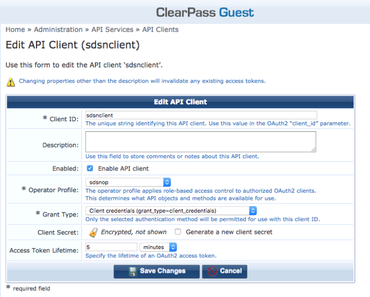 Edit API Client page in ClearPass Guest for API client sdsnclient; settings include enabled checkbox, operator profile sdsnop, grant type client credentials, access token lifetime 5 minutes, and buttons to save or cancel changes.