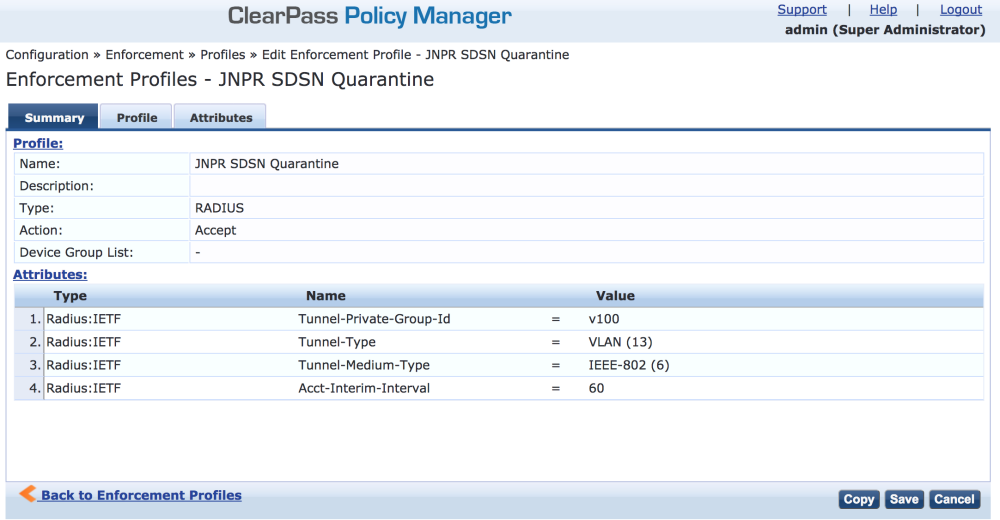 ClearPass Policy Manager showing Enforcement Profile JNPR SDSN Quarantine with RADIUS type and VLAN v100 for quarantine state devices.