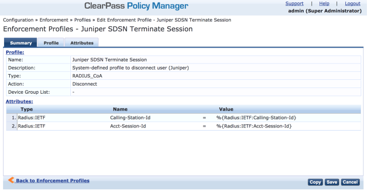 ClearPass interface showing Juniper SDSN Terminate Session profile: disconnect action, RADIUS CoA type, attributes Calling-Station-Id and Acct-Session-Id.