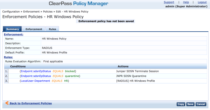 ClearPass Policy Manager interface showing HR Windows Policy configuration with RADIUS enforcement. Rule: block if endpoint status is blocked, quarantine if status is quarantine, apply HR Windows Profile if department is HR. Options to copy, save, or cancel.