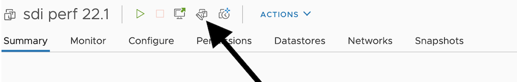 Toolbar and tabs of a system management tool for VM "sdi perf 22.1" with an arrow pointing to a clipboard icon.
