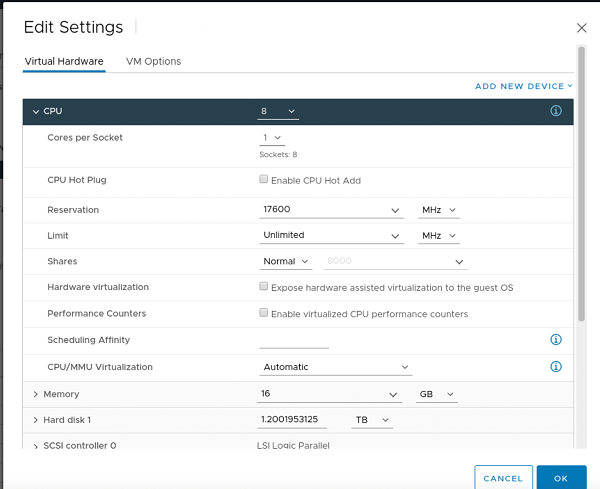 Edit Settings interface for configuring VM hardware in a virtualization platform with CPU, memory, and disk settings; 8 CPUs, 16GB memory, 1.2TB disk.