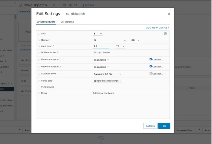 Edit Settings window for virtual machine sdi-diskpatch in virtualization software. CPU 8 cores, memory 16 GB, hard disk 2.2 TB, network adapters connected. Options to add devices, confirm with OK or cancel.