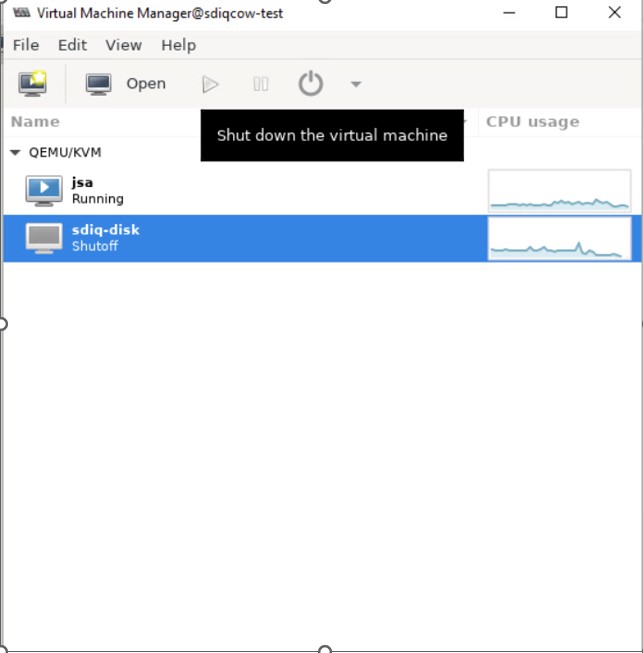 Virtual Machine Manager showing two VMs: jsa running and sdiq-disk shut off, with CPU usage graphs and a tooltip to shut down a VM.