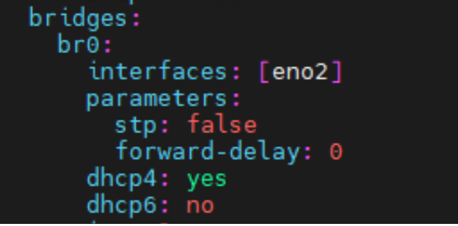 YAML snippet of network bridge setup with br0: interfaces eno2, STP disabled, 0s forward delay, DHCP4 yes, DHCP6 no.