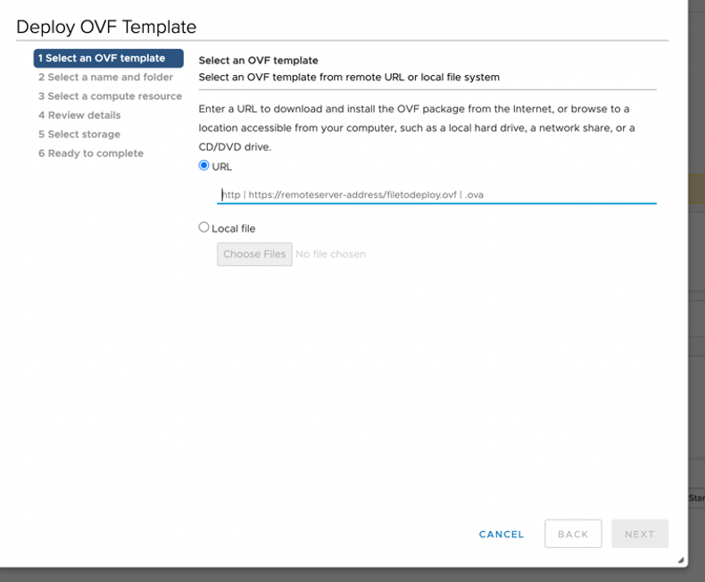 Deploy OVF Template wizard in VMware vSphere showing Step 1: Select an OVF template. URL option selected with example URL entered.