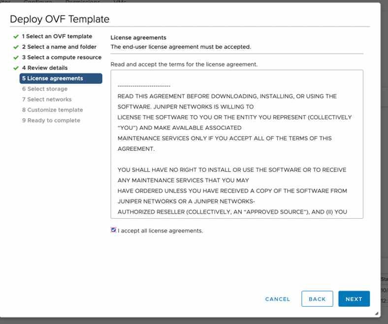 Step in deploying an OVF template: Accept Juniper Networks EULA to proceed. Options: Cancel, Back, Next. Progress bar on the left.
