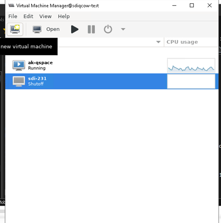 Virtual Machine Manager interface with ak-qspace running and sdi-231 shut off. Toolbar options available. CPU usage graph on the right.
