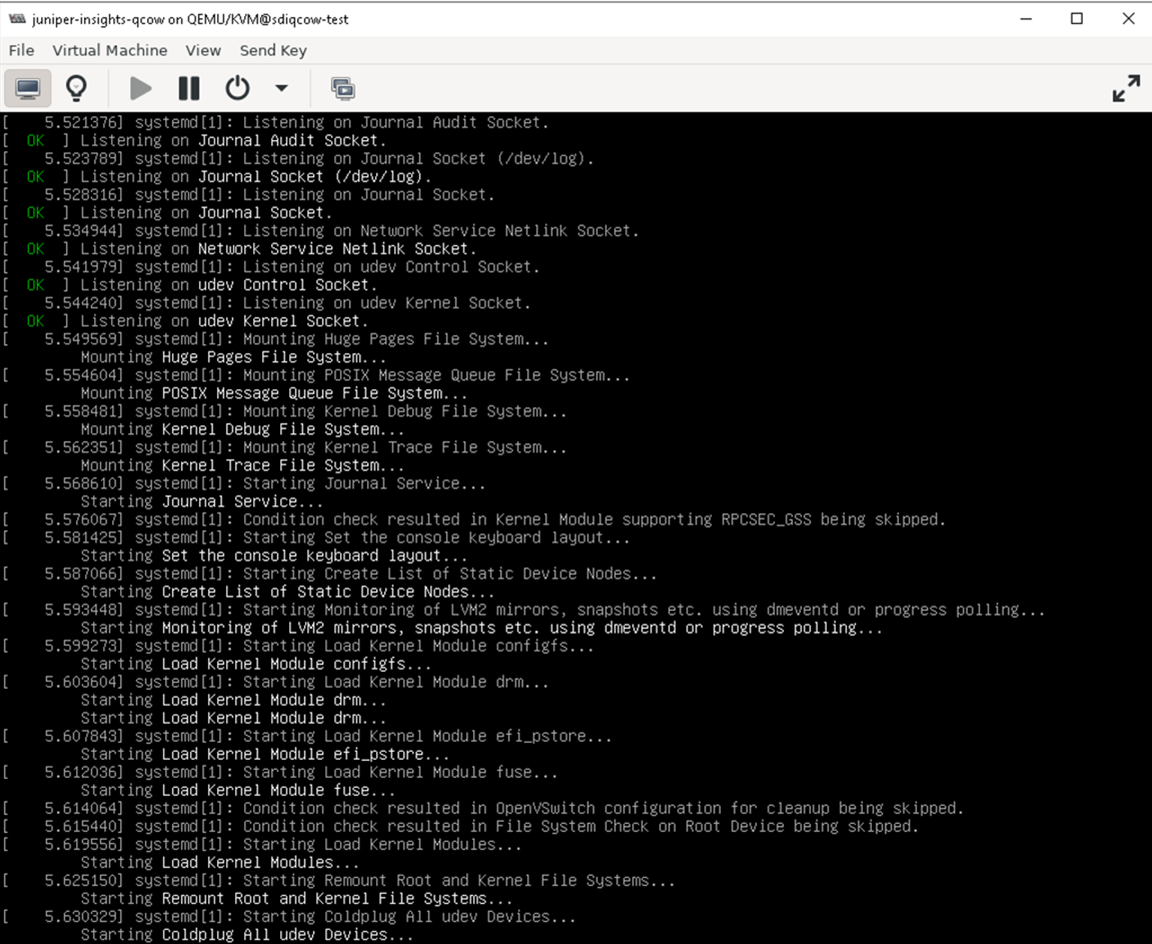 Virtual machine console on QEMU/KVM shows systemd boot logs with OK status for tasks like mounting file systems and starting services.