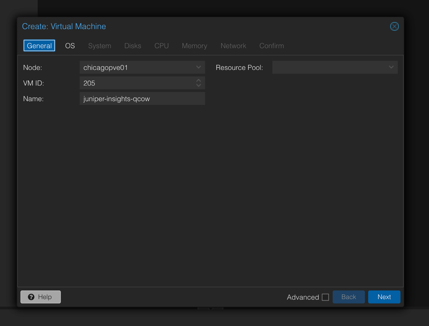 User interface for creating a virtual machine on General tab with fields for Node, VM ID, Name, and Resource Pool. Navigation buttons include Help, Advanced, Back, and Next.