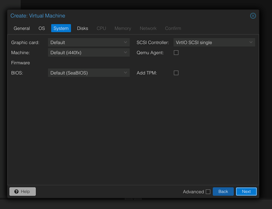 Virtual machine creation interface System tab showing settings for graphics card default machine i440fx BIOS SeaBIOS and SCSI Controller VirtIO SCSI single.