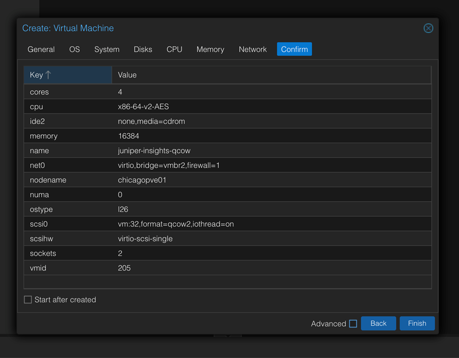 Configuration summary for creating a VM in Proxmox VE: 4 CPU cores, x86-64-v2-AES CPU, 16 GB RAM, juniper-insights-qcow name, VirtIO network on bridge vmbr2 with firewall, hosted on chicagopve01 node, Linux 2.6+, QCOW2 SCSI disk with I/O threading, 2 CPU sockets, VM ID 205. "Start after created" is unchecked.