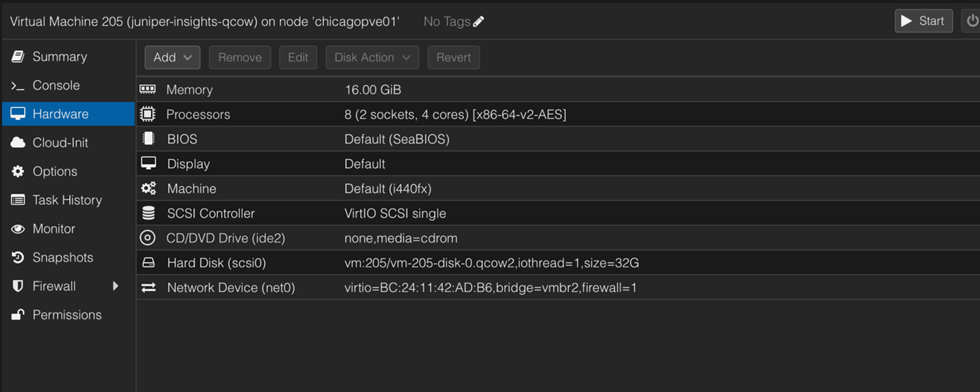 Virtual machine juniper-insights-qcow on node chicagopve01 with 16 GiB RAM, 8 vCPUs, SeaBIOS, i440fx machine type, VirtIO SCSI controller, 32 GB disk, VirtIO network device bridged to vmbr2.