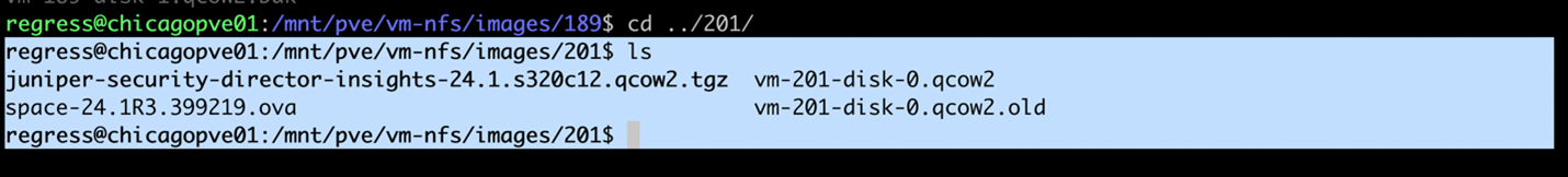 Terminal window showing a user on system chicagopve01 listing files in directory /mnt/pve/vm-nfs/images/201. Files: juniper-security-director-insights-24.1.s320c12.qcow2.tgz, space-24.1R3.399219.ova, vm-201-disk-0.qcow2, vm-201-disk-0.qcow2.old.