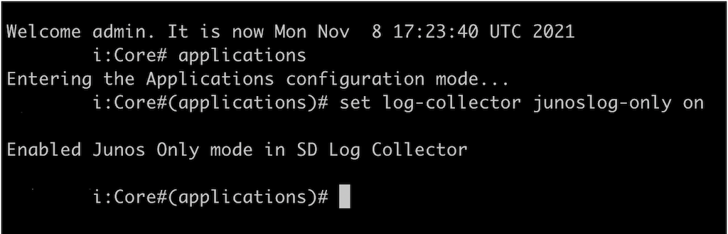 Command-line interface session showing system configuration with Junos operating system. Admin enables Junos Only mode in SD Log Collector.