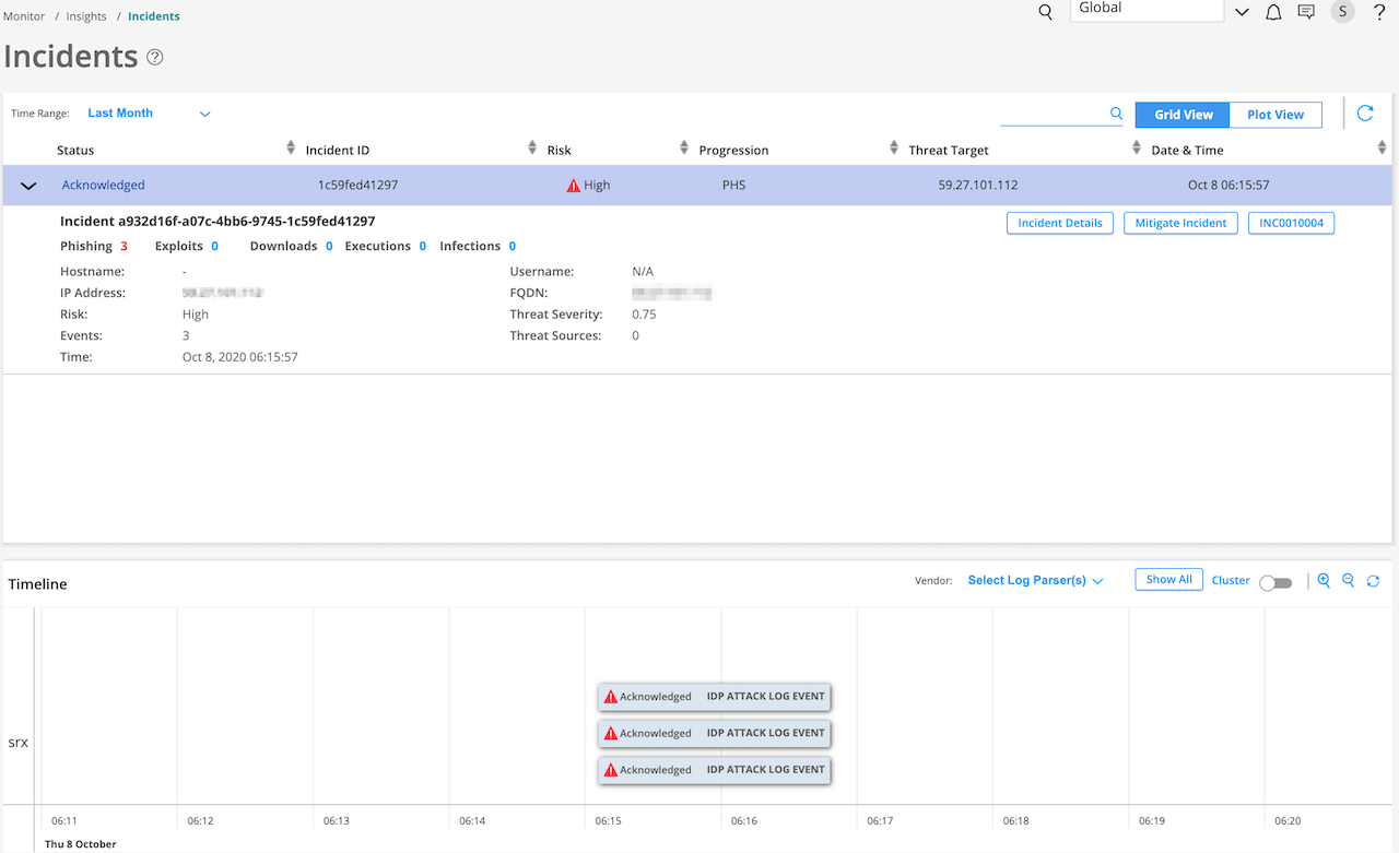 Cybersecurity dashboard showing a high-risk incident ID 1c59fed41297 targeting IP 59.27.101.112 on Oct 8, 2020, at 06:15.