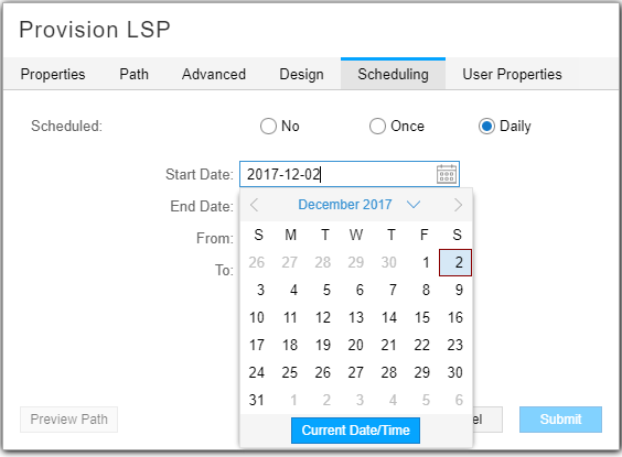 Provision LSP Window, Scheduling Tab