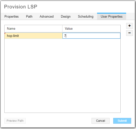 Configuration interface for LSP provisioning showing User Properties tab with hop-limit set to 7, and add/remove buttons. Submit and Cancel options available.