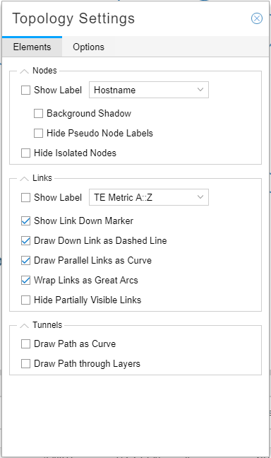 Topology Settings configuration panel with Options tab selected showing customization for nodes, links, and tunnels in a network topology diagram.