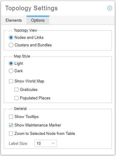 Topology Settings panel with Options tab selected. Topology View is set to Nodes and Links. Map Style is Light with world map and graticules shown. Show Maintenance Marker is checked. Label Size is 10.