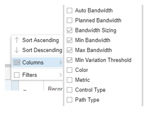 Dropdown menu with sorting options and checkboxes for column selection: Auto Bandwidth, Planned Bandwidth, Bandwidth Sizing, Min Bandwidth, Max Bandwidth, Min Variation Threshold, Color, Metric, Control Type, Path Type.