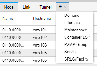 Network management interface showing a table with Node, Link, and Tunnel columns. Includes a dropdown for adding network elements like Demand and Interface.