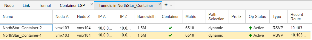 MPLS tunnels overview showing details of tunnels in NorthStar_Container with nodes vmx103 to vmx104, dynamic path selection, and active status.
