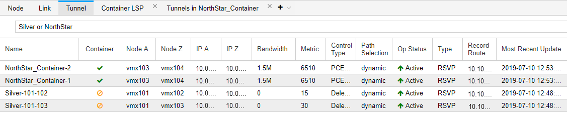 Network management interface showing a table of tunnels in NorthStar_Container with details such as name, nodes, IPs, bandwidth, metric, control type, path selection, operational status, type, record route, and last update timestamp.