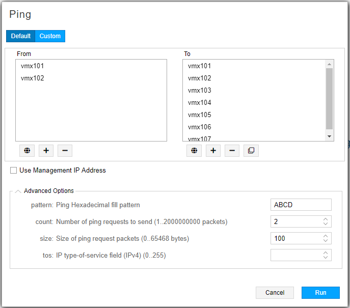 Network tool interface for configuring and sending ping requests with source and destination device lists, management IP option, advanced settings for pattern, count, size, TOS, and buttons to add or remove devices and run ping.