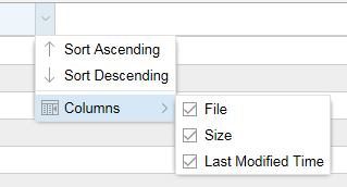 Dropdown menu for sorting and customizing columns. Options: Sort Ascending, Sort Descending, Columns. Selected: File, Size, Last Modified Time.