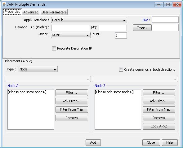 Screenshot of a network planning tool interface for adding multiple demands, showing demand configuration options and action buttons for network simulation.