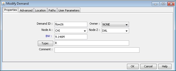 Screenshot of Modify Demand dialog in network tool: Properties tab showing Demand ID flow26, Node A CHI, Node Z DAL, BW 9.146M, Type R, Owner NONE, with OK, Cancel, Help buttons.