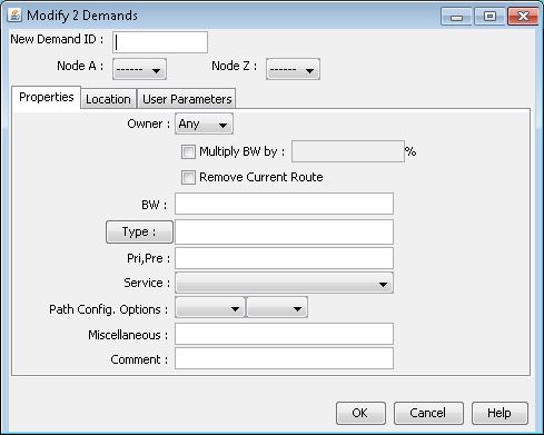 Software interface window titled Modify 2 Demands with fields for ID, nodes, ownership, bandwidth, route, demand type, priority, service, path config, misc details, and buttons for OK, Cancel, Help.
