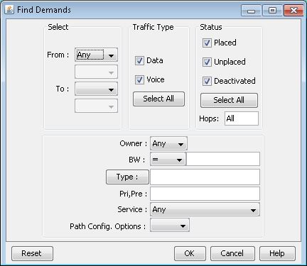 Software interface window titled Find Demands with sections for source, destination, traffic type, status, owner, bandwidth, type, priority, service, and path configuration options. Contains Reset, OK, Cancel, and Help buttons for managing network demands.
